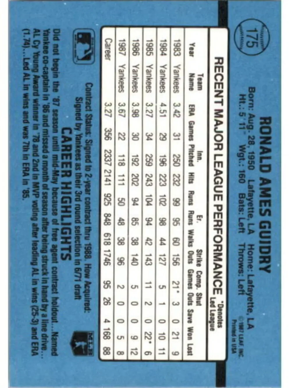 1988 Ron Guidry Donruss Baseball Card #175